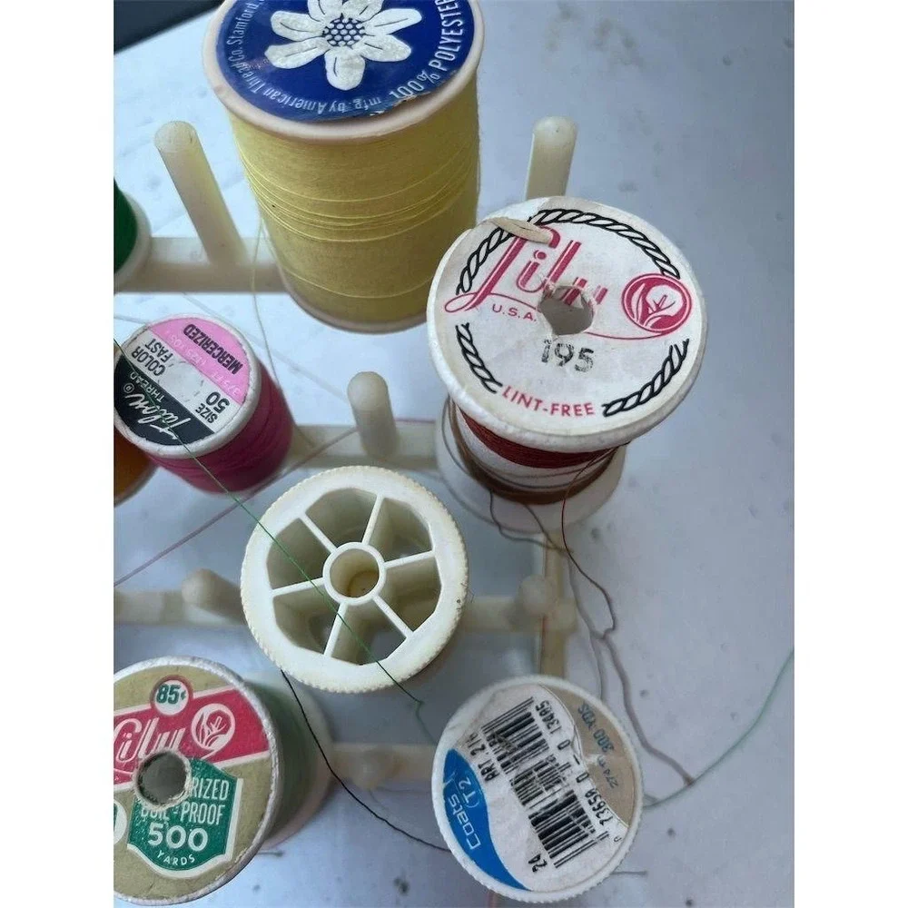 Vintage Sewing Thread Organizer‎ with Assorted Spools Multi-Color